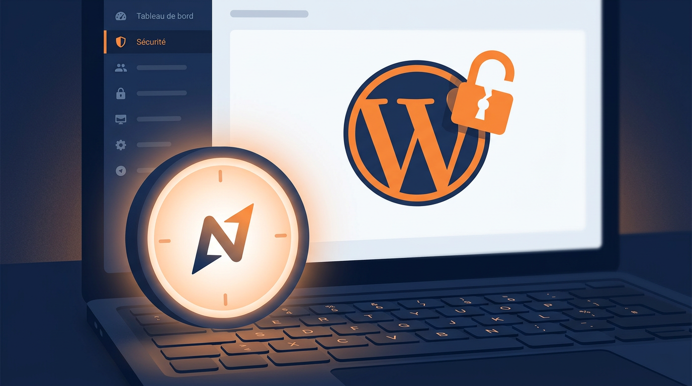 Boussole lumineuse sur un clavier — écran affichant WordPress avec cadenas brisé — faille wp2shell